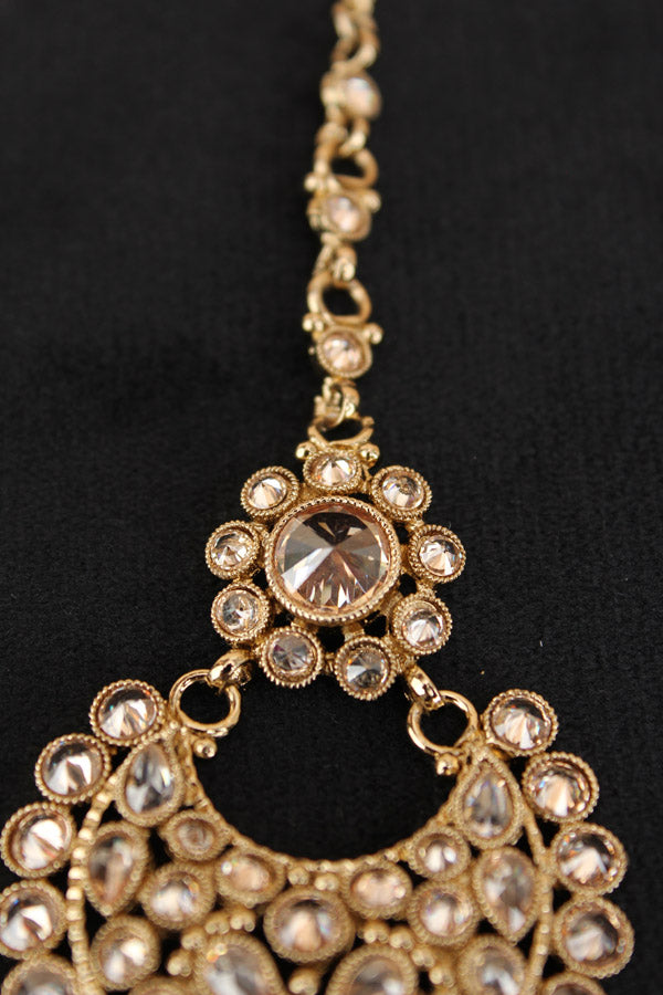 Mehndi Polish Tikka With Reverse AD stones And Small Pendants Attached (T004-GO-Polki)