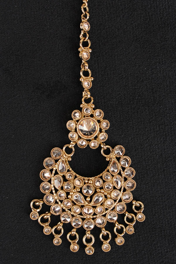 Mehndi Polish Tikka With Reverse AD stones And Small Pendants Attached (T004-GO-Polki)