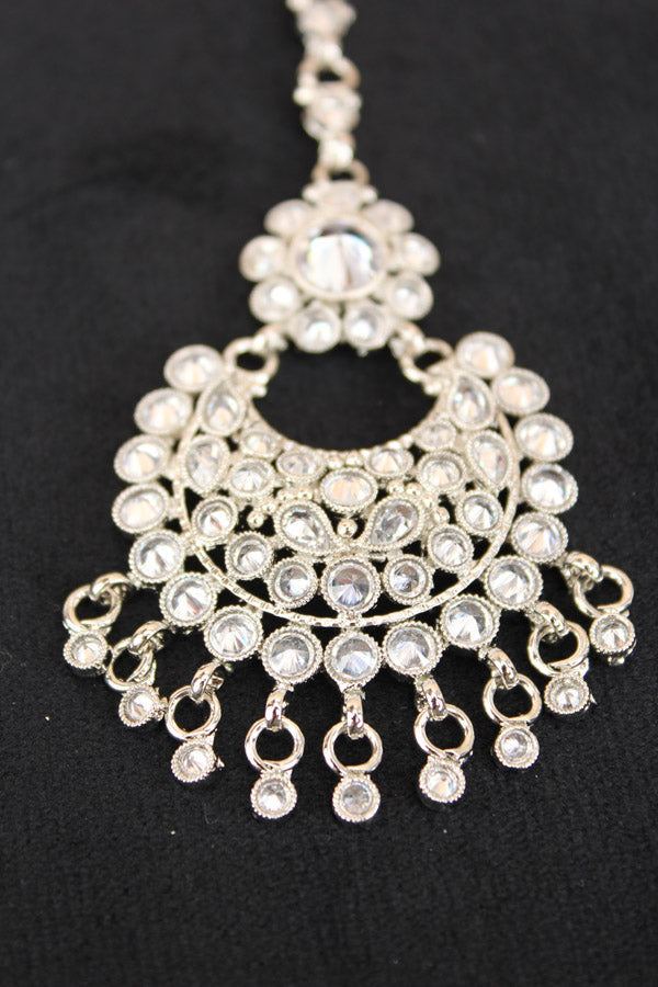 Silver Polish Tikka With Reverse AD stones And Small Pendants Attached (T004-S-Polki)