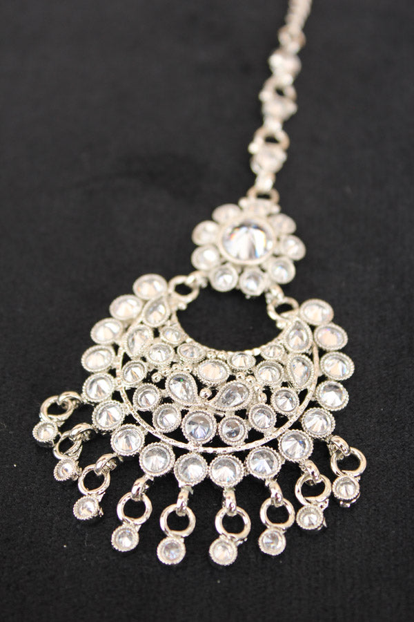 Silver Polish Tikka With Reverse AD stones And Small Pendants Attached (T004-S-Polki)