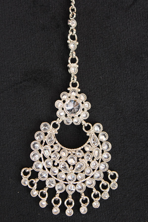 Silver Polish Tikka With Reverse AD stones And Small Pendants Attached (T004-S-Polki)