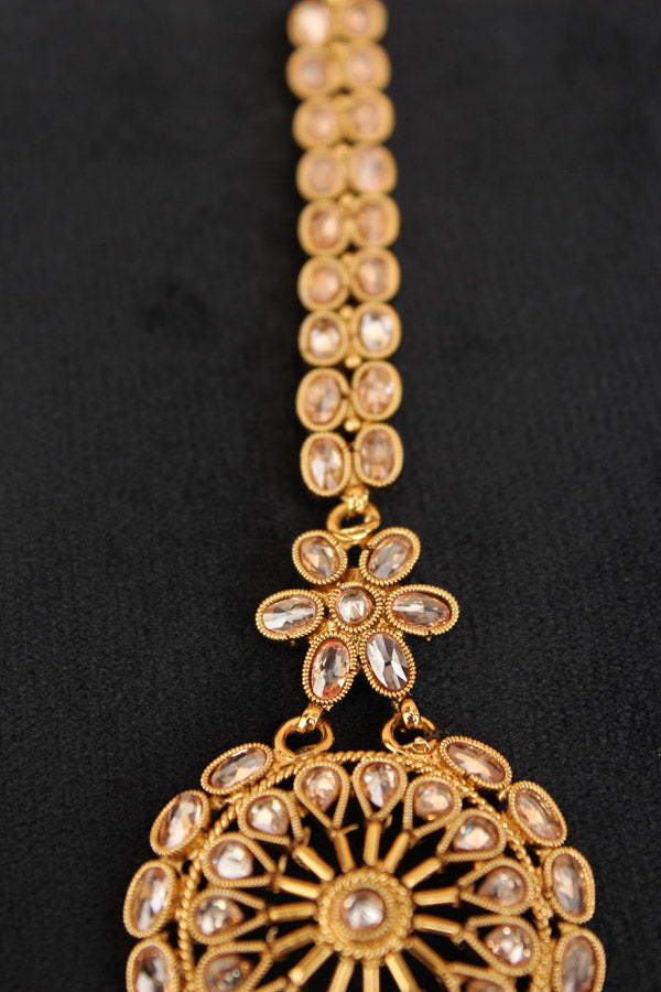 Tikka In Gold Polish With Polki Stones And Ruby Colour Beads (T005-Polki)