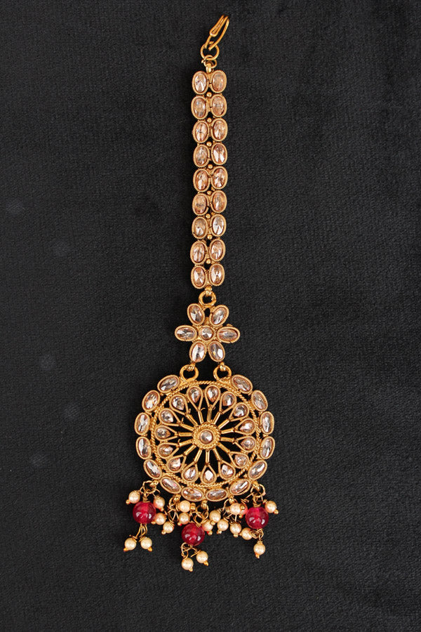 Tikka In Gold Polish With Polki Stones And Ruby Colour Beads (T005-Polki)