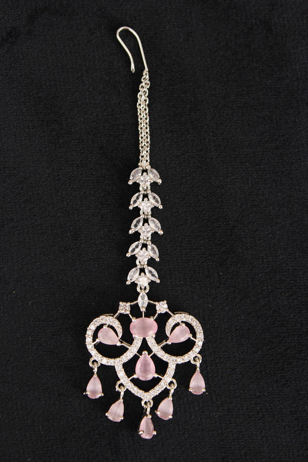Small Tikka In Silver Polish With Pink Stones (T006-P-AD)