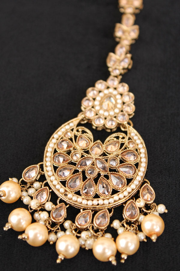 Tikka In Mehndi Polish With Reverse AD stones Also With Golden Pearls And Beads Attached (T006-GO-Polki)