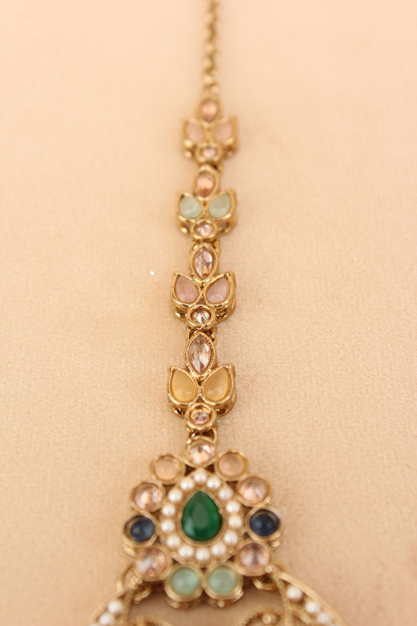 Tikka In Mehndi Polish With Reverse AD stones Also With Multi Colour Pearls And Beads Attached (T006-MU-Polki)