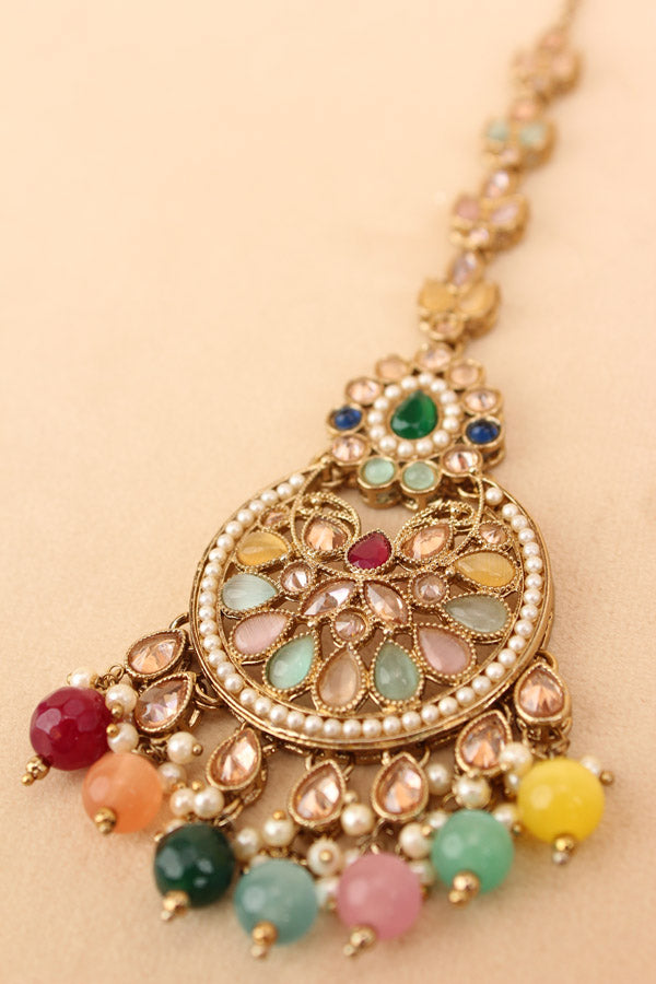 Tikka In Mehndi Polish With Reverse AD stones Also With Multi Colour Pearls And Beads Attached (T006-MU-Polki)