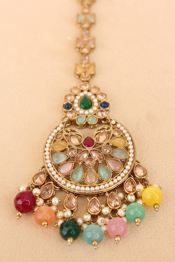 Tikka In Mehndi Polish With Reverse AD stones Also With Multi Colour Pearls And Beads Attached (T006-MU-Polki)