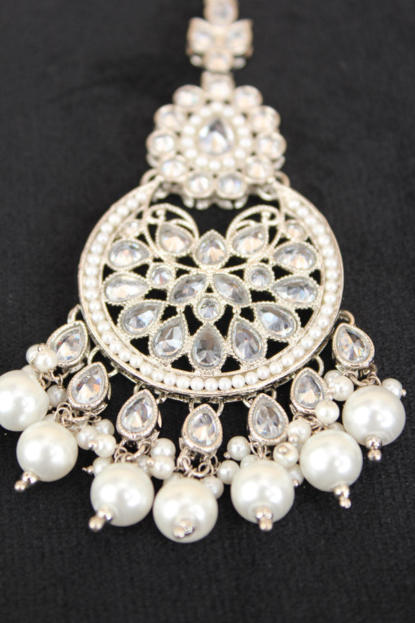 Tikka In Silver Polish With Reverse AD stones Also With White Pearls And Beads Attached (T006-S-Polki)