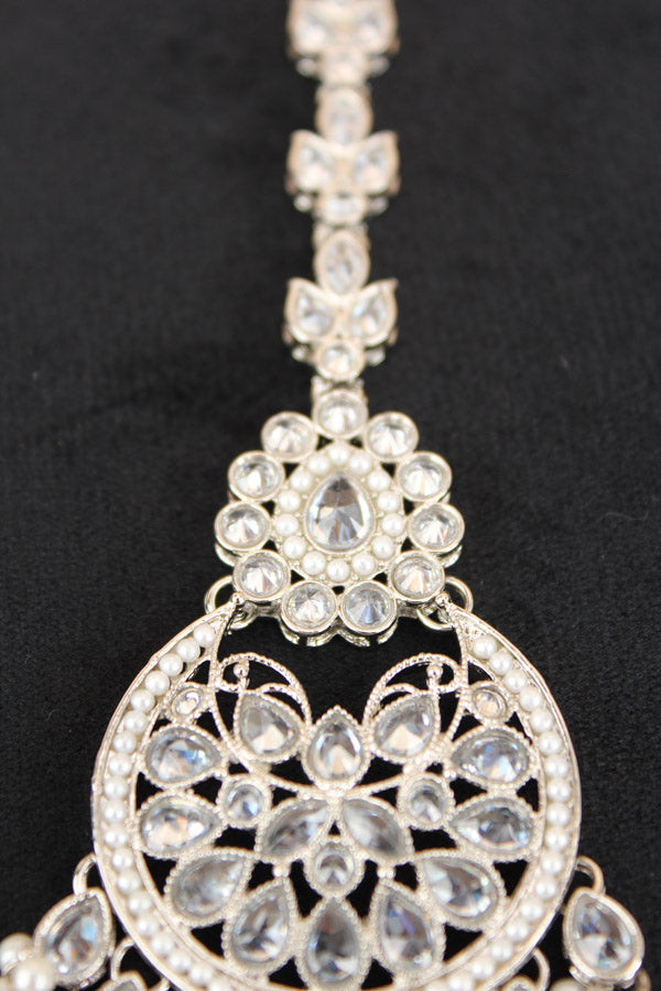 Tikka In Silver Polish With Reverse AD stones Also With White Pearls And Beads Attached (T006-S-Polki)