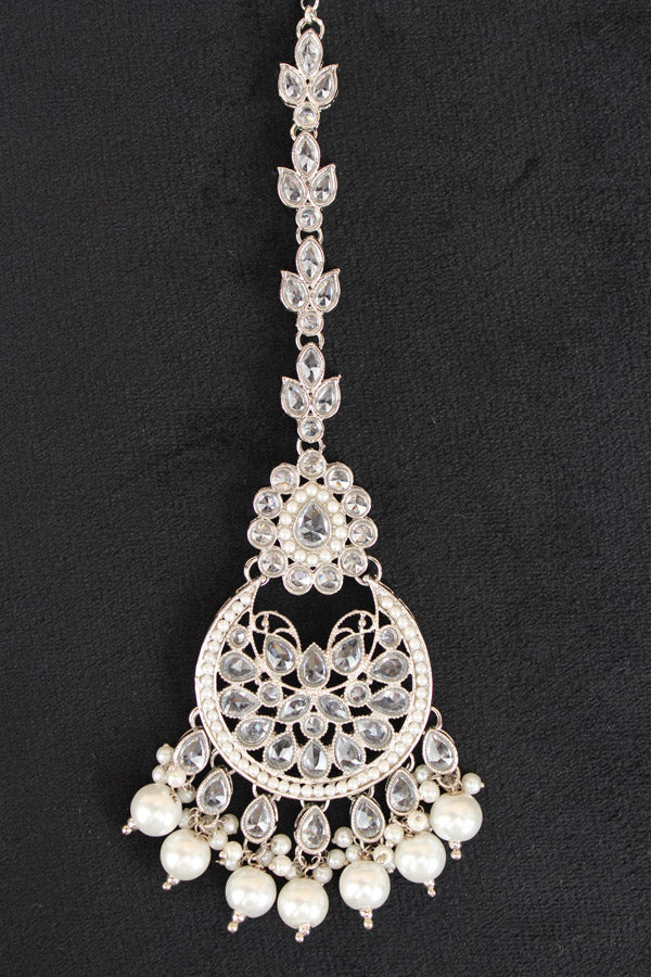 Tikka In Silver Polish With Reverse AD stones Also With White Pearls And Beads Attached (T006-S-Polki)