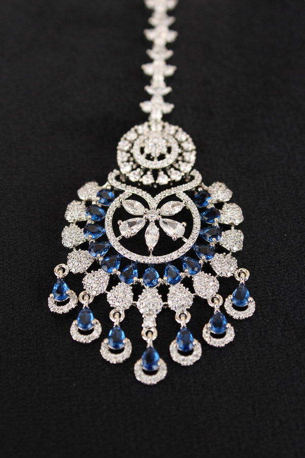Premium Quality Silver Polish Tikka With American Diamonds And Blue Stones (T007-B-AD)