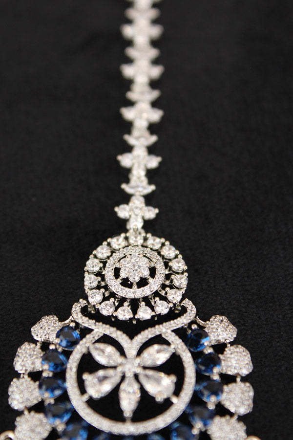Premium Quality Silver Polish Tikka With American Diamonds And Blue Stones (T007-B-AD)