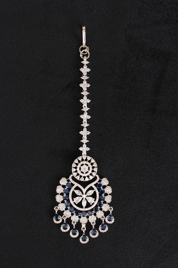 Premium Quality Silver Polish Tikka With American Diamonds And Blue Stones (T007-B-AD)