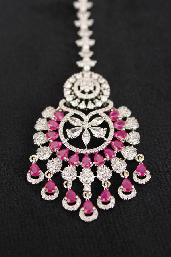 Premium Quality Silver Polish Tikka With American Diamonds And Ruby Stones (T007-RU-AD)