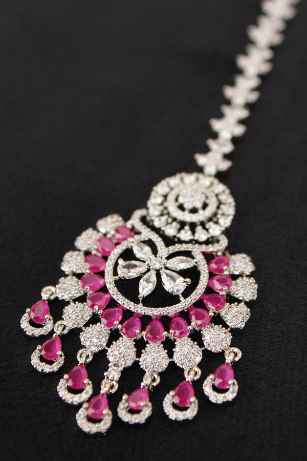 Premium Quality Silver Polish Tikka With American Diamonds And Ruby Stones (T007-RU-AD)