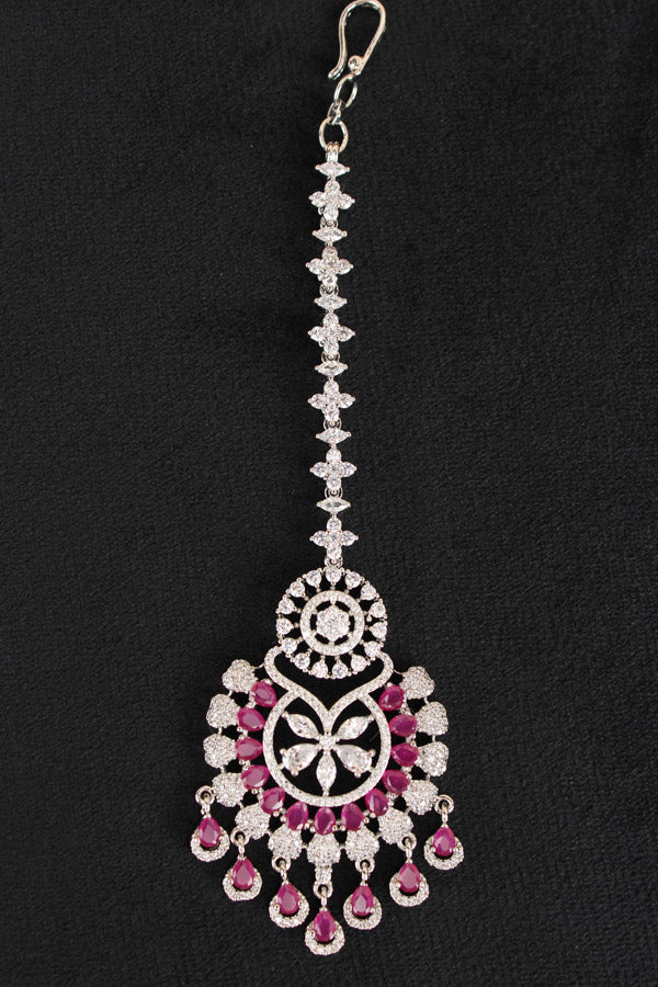 Premium Quality Silver Polish Tikka With American Diamonds And Ruby Stones (T007-RU-AD)