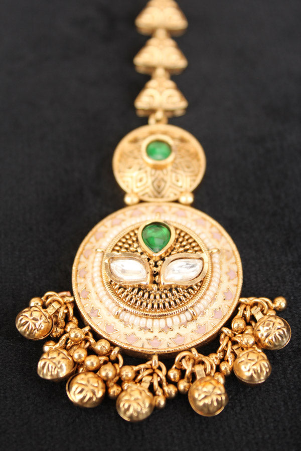 Gold Polish Tikka With Kundan And Meenakari With Center Green Stone (T007-G-K)