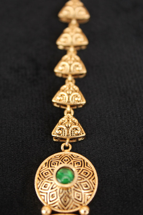 Gold Polish Tikka With Kundan And Meenakari With Center Green Stone (T007-G-K)