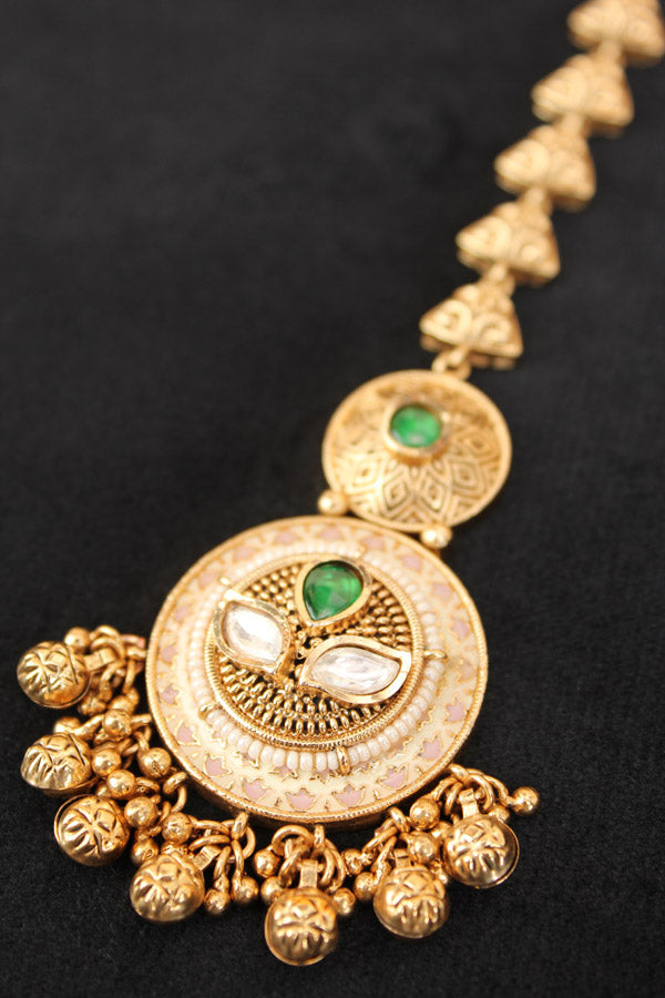 Gold Polish Tikka With Kundan And Meenakari With Center Green Stone (T007-G-K)