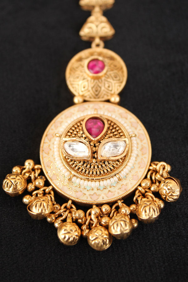 Gold Polish Tikka With Kundan And Meenakari With Center Ruby Stone (T007-R-K)