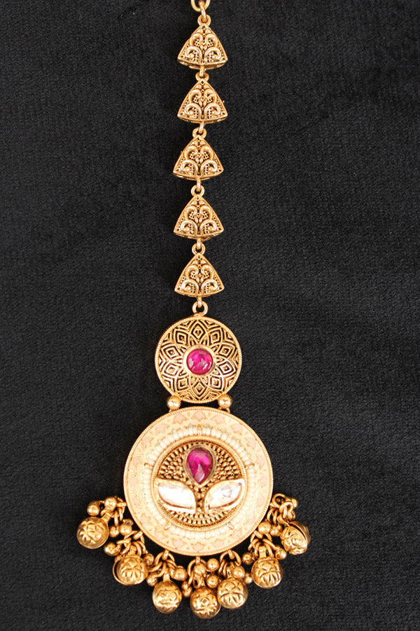 Gold Polish Tikka With Kundan And Meenakari With Center Ruby Stone (T007-R-K)