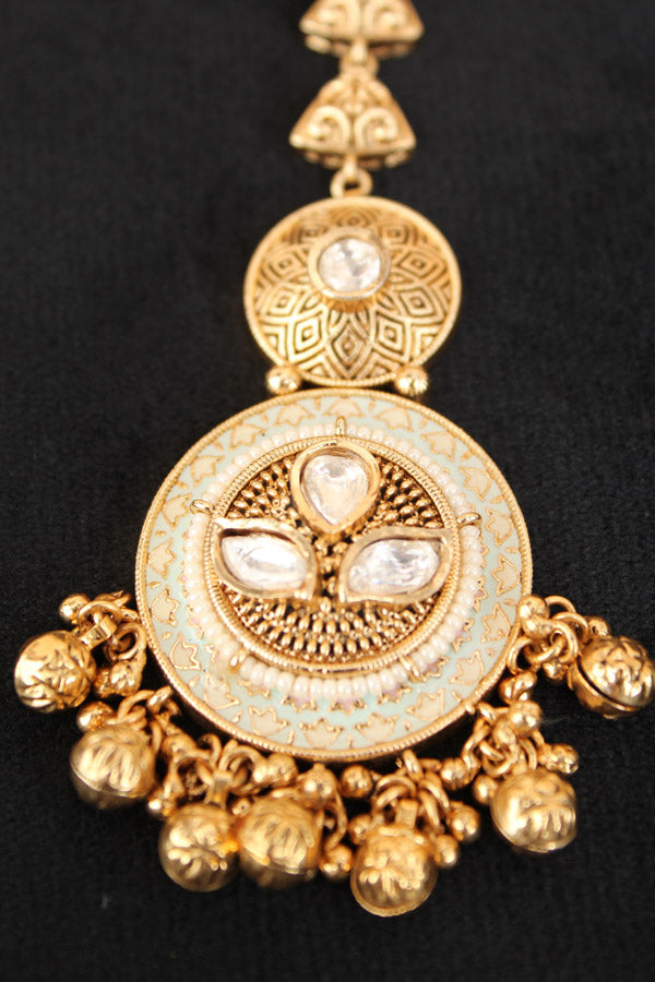 Gold Polish Tikka With Kundan And Meenakari With Center White Stone (T007-W-K)