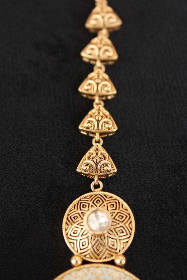 Gold Polish Tikka With Kundan And Meenakari With Center White Stone (T007-W-K)
