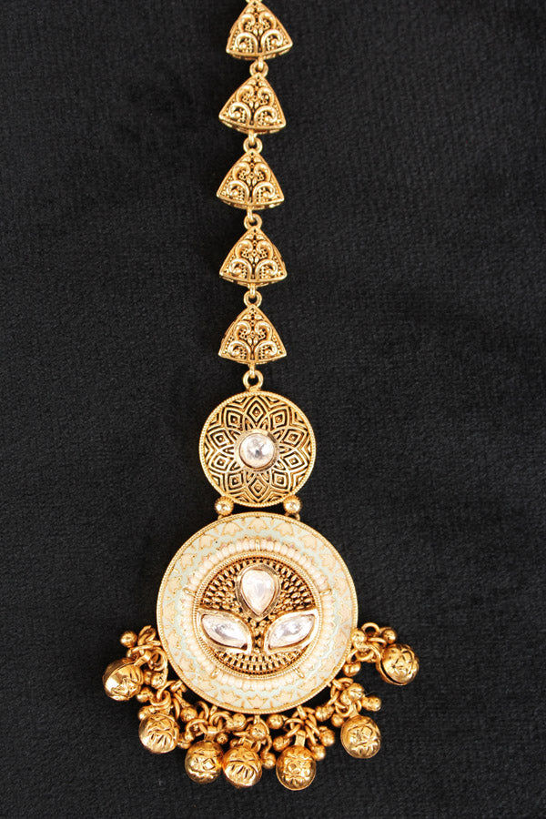 Gold Polish Tikka With Kundan And Meenakari With Center White Stone (T007-W-K)