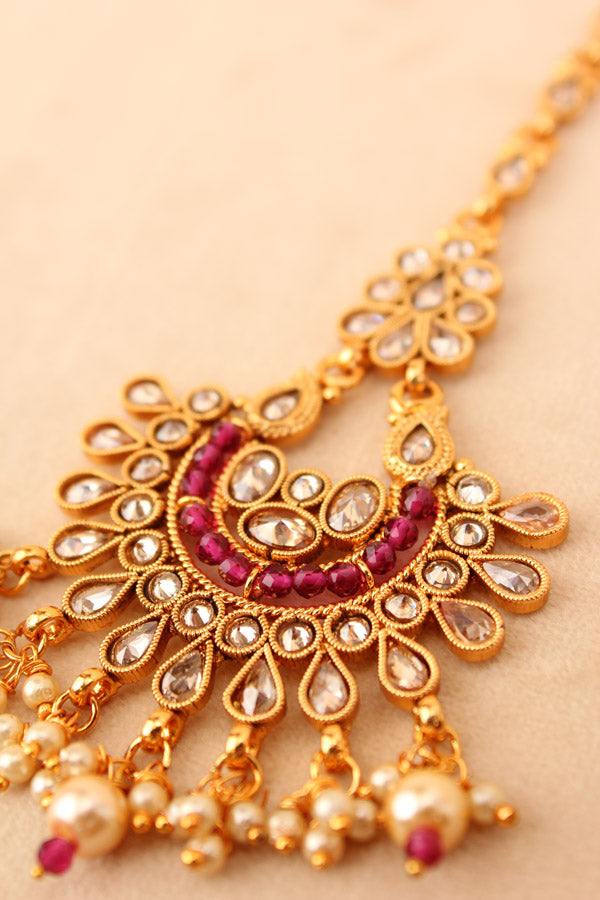 Gold Polish Tikka With Reverse AD Stones And Ruby Colour Brystal Beads (T011-Polki)