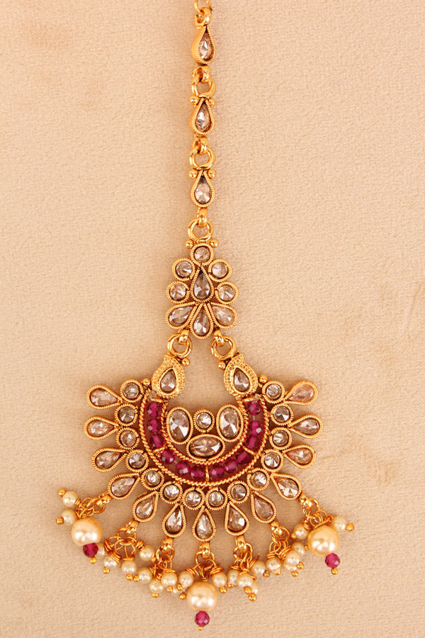 Gold Polish Tikka With Reverse AD Stones And Ruby Colour Brystal Beads (T011-Polki)