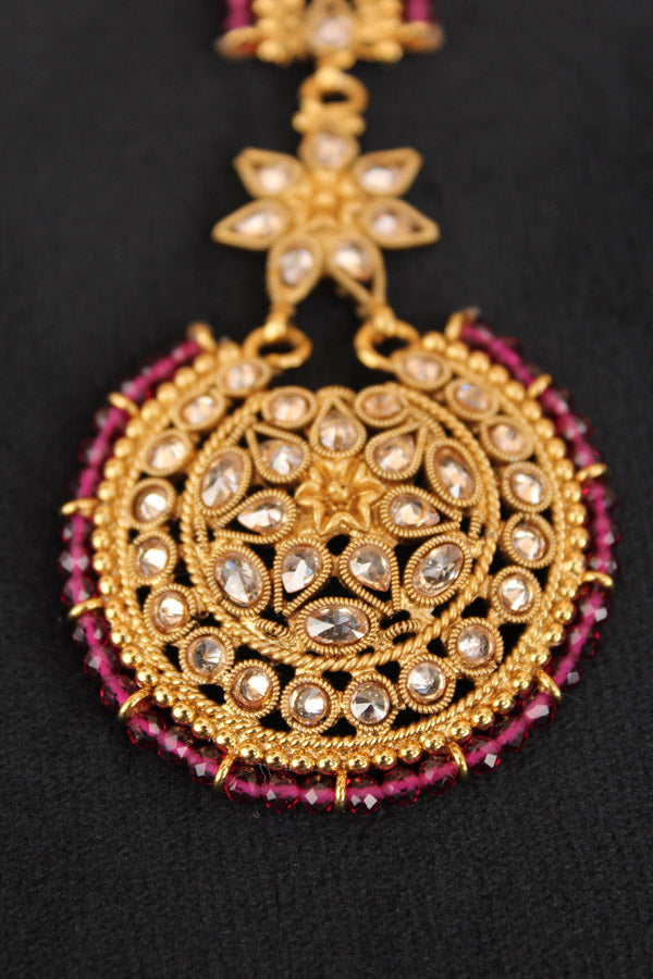 Premium Quality Tikka In Gold Polish With Polki Stones And Crystal Beads (T013-Polki)