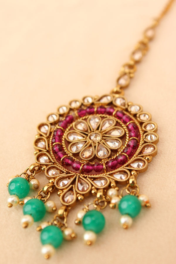 Reverse AD Tikka With Crystal Beads And Pearls In Premium Quality (T014-Polki)
