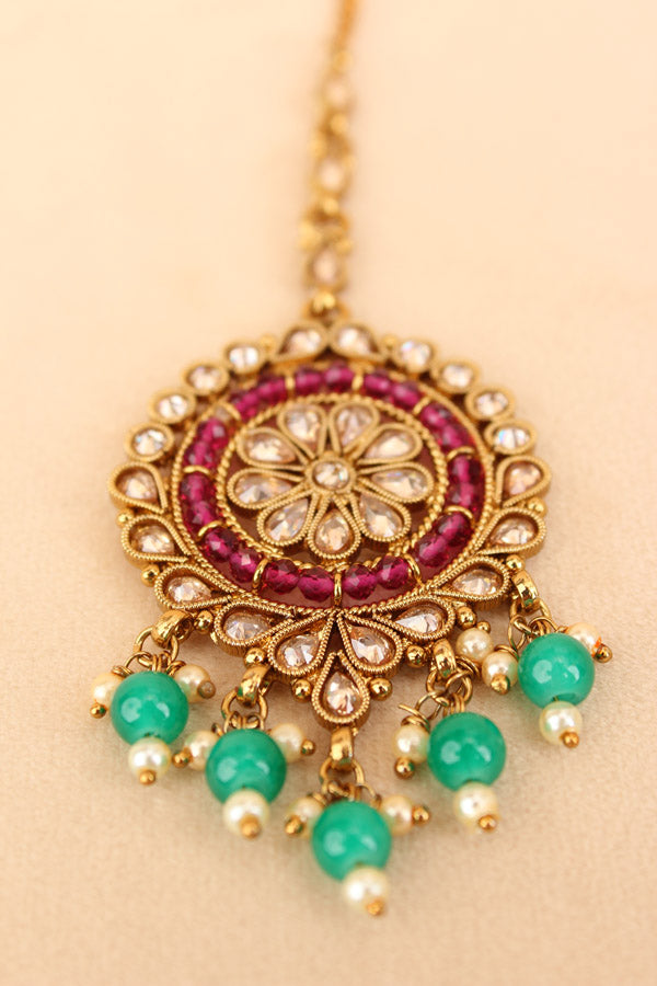 Reverse AD Tikka With Crystal Beads And Pearls In Premium Quality (T014-Polki)