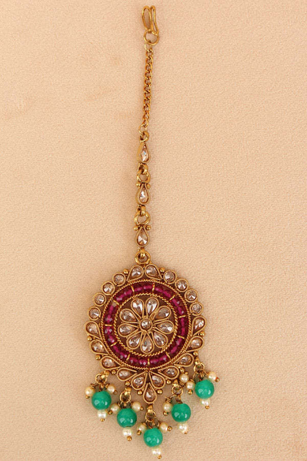 Reverse AD Tikka With Crystal Beads And Pearls In Premium Quality (T014-Polki)