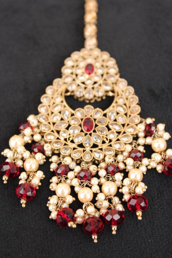 Large Tikka With Polki Stones, Pearls And Beads Attached (T015-Polki)