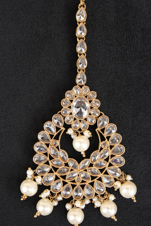 Gold Colour Tikka With Polki And Pearls (T016-GO-Polki)