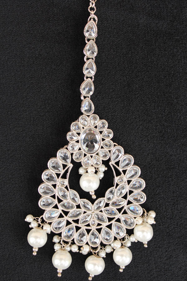Silver Colour Tikka With Polki And Pearls (T016-S-Polki)