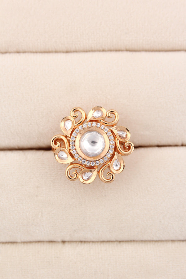 A Small And Adjustable Premium Quality Kundan Flower Ring In A Twirl Design And Small American Diamonds (KR007)