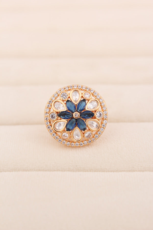A Small And Adjustable Premium Quality Kundan Flower Ring In A Twirl Design And Small American Diamonds (KR007)