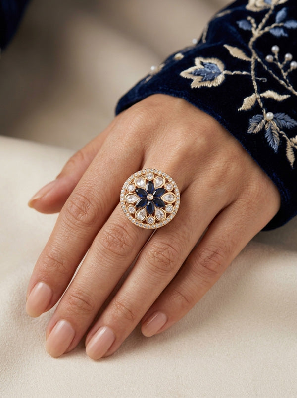 A Small And Adjustable Premium Quality Statement Ring With Blue Colour Stones (KR009-B)