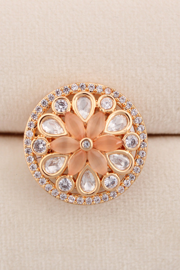 A Small And Adjustable Premium Quality Statement Ring With Peach Colour Stones (KR009-PE)
