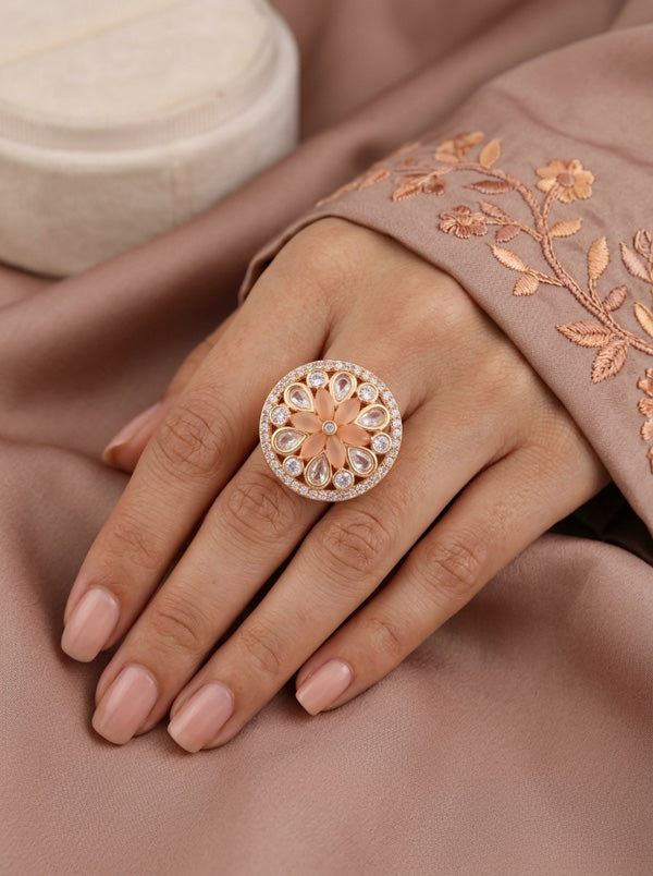 A Small And Adjustable Premium Quality Statement Ring With Peach Colour Stones (KR009-PE)