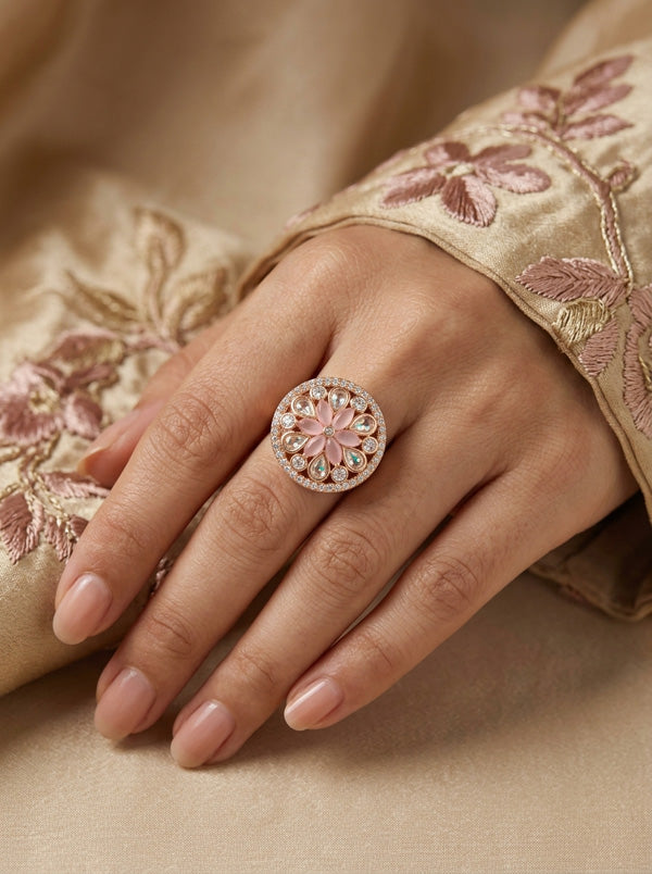 A Small And Adjustable Premium Quality Statement Ring With Pink Colour Stones (KR009-P)