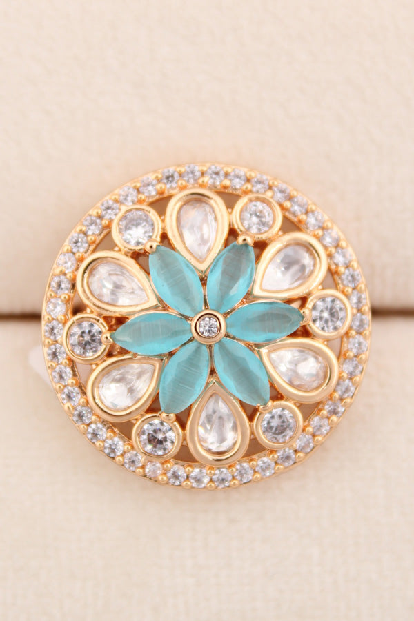 A Small And Adjustable Premium Quality Statement Ring With Sky Blue Colour Stones (KR009-SB)