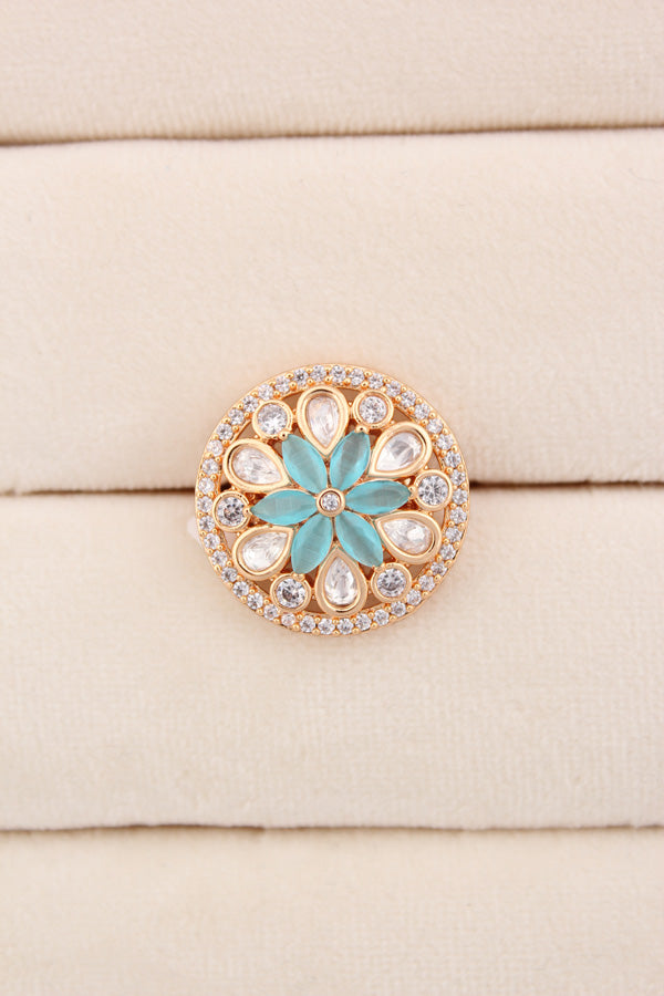 A Small And Adjustable Premium Quality Statement Ring With Sky Blue Colour Stones (KR009-SB)