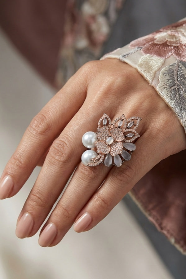 Adjustable American Diamond Ring With Flower Design And Pearls Attached In Grey 