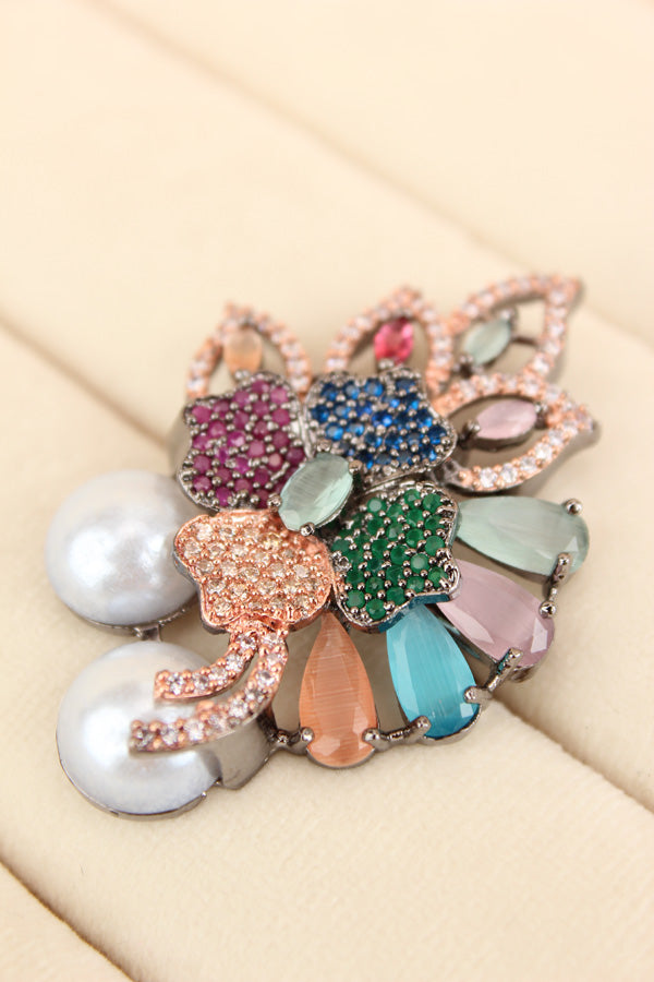 Adjustable American Diamond Ring With Flower Design And Pearls Attached In Multi Colour (ADR003-MU)