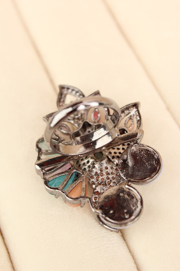 Adjustable American Diamond Ring With Flower Design And Pearls Attached In Multi Colour (ADR003-MU)