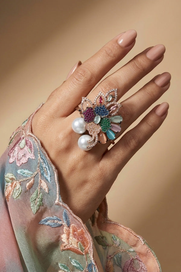 Adjustable American Diamond Ring With Flower Design And Pearls Attached In Multi Colour (ADR003-MU)